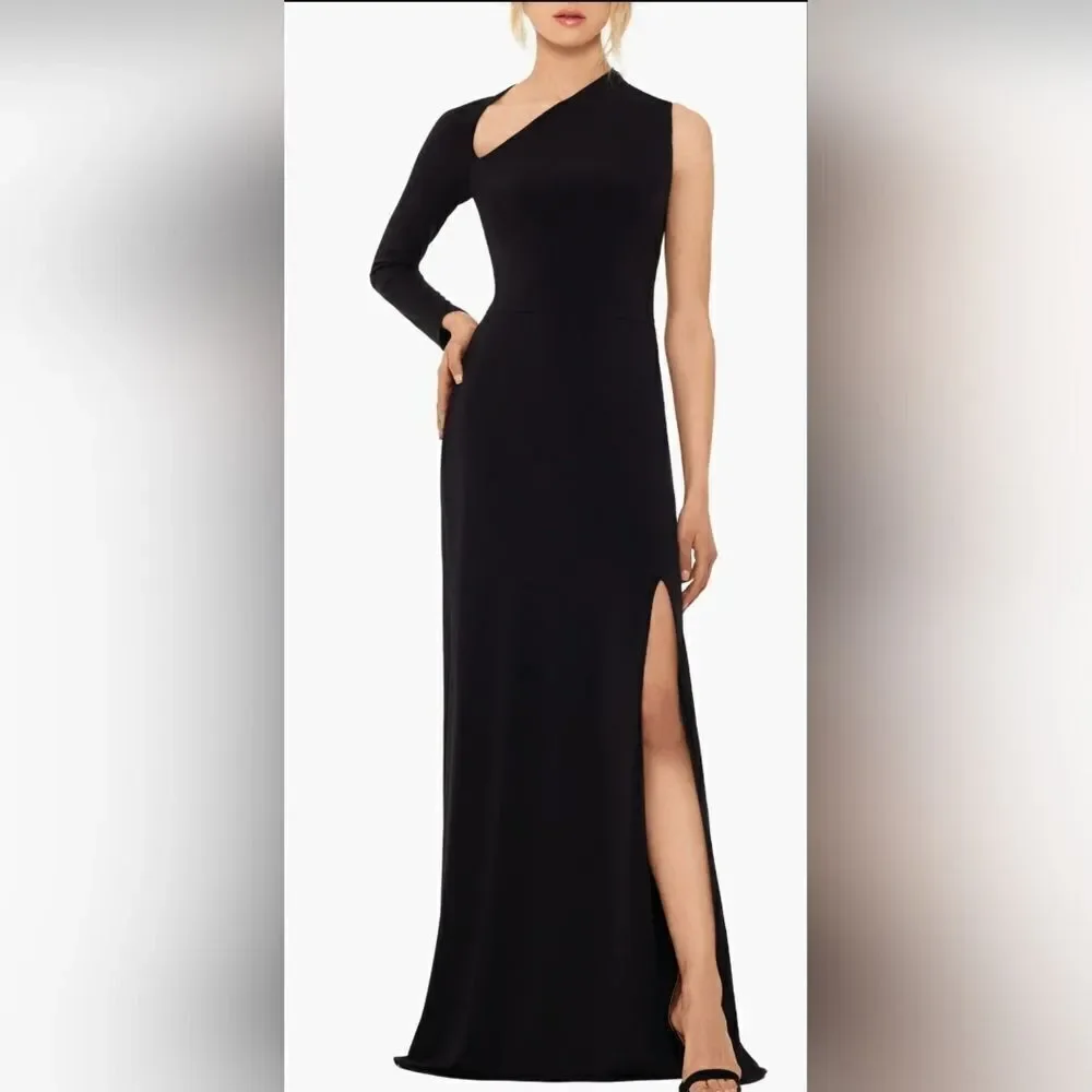 Betsy & Adam Asymmetric Single Long Sleeve Gown NWT size 12 Black